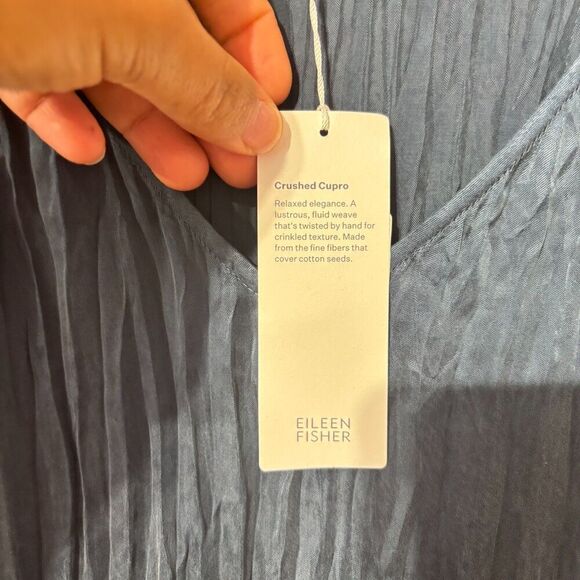 NWT Eileen Fisher Womens Tiered Dress Blue L Crushed Cupro V Neck Sleeveless - Picture 6 of 7